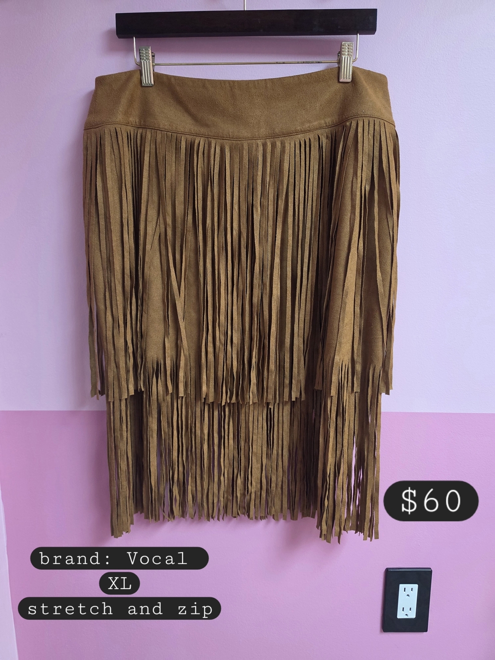 Vocal Tan Suede-Look Fringe Midi Skirt